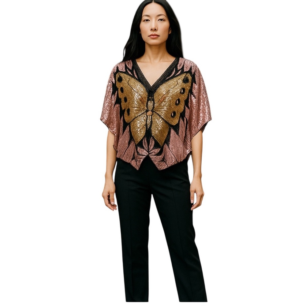 Swee‎ Lo Top Woman’s L Pink Butterfly Coachella Silk Festival Boho Retro Vintage